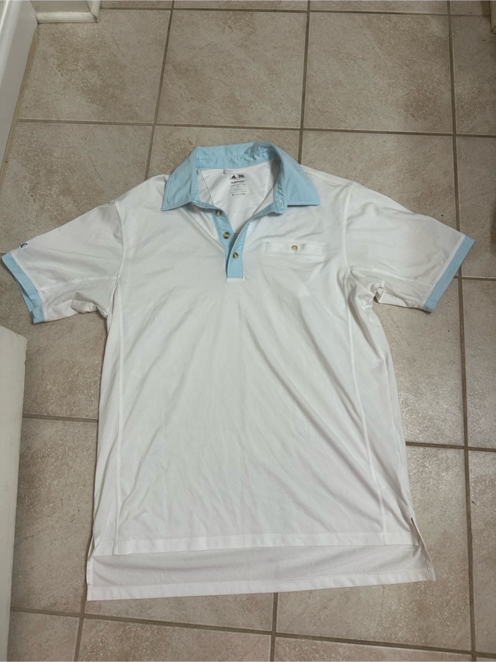Adidas Striped Polo in White & Blue Size Medium